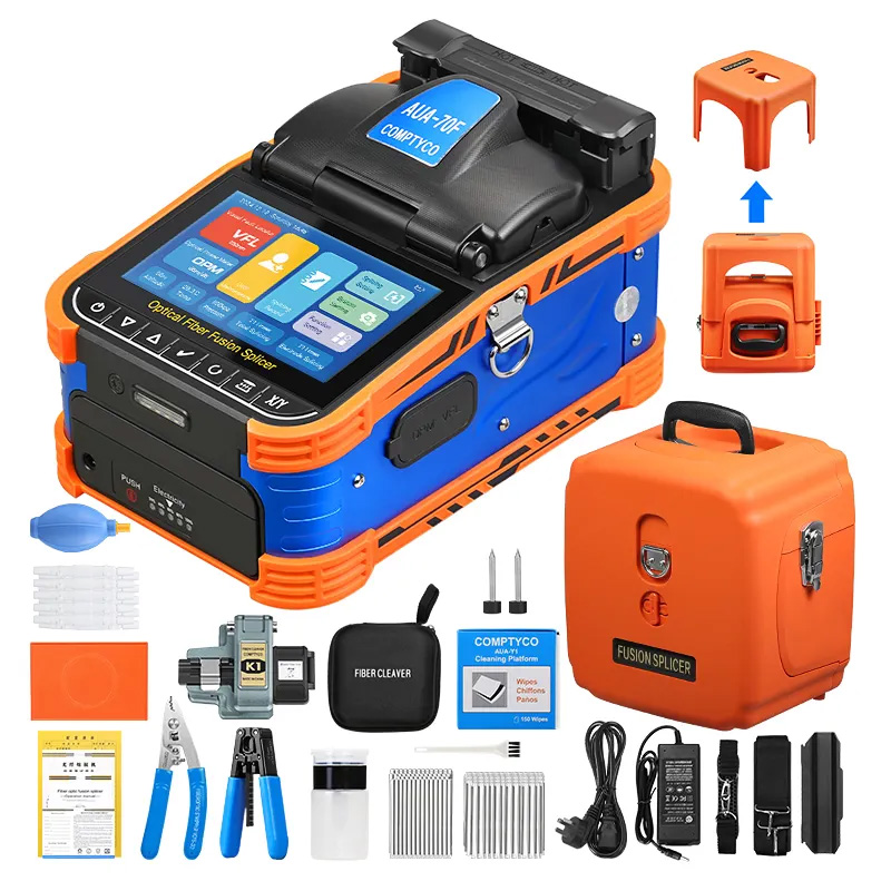 دستگاه فیوژن فیبر نوری COMPTYCO AUA-70F همراه با تجهیزات کامل جانبی شامل کیف حمل، کاتر فیبر، آچار، کابل شارژ، الکترود یدک و لوازم نظافت