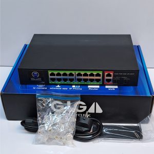 تصویر سوییچ شبکه 16 پورت گیگا مدل CSD-48163BG با 16 پورت شبکه 100 Mbps، 2 پورت Uplink 1000 Mbps و 1 پورت SFP، همراه با قابلیت POE و توان خروجی 300W، مناسب برای شبکههای سازمانی و سیستمهای نظارتی.