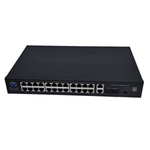 تصویر سوییچ شبکه 24 پورت گیگا مدل CSD-482422QG با 24 پورت 1000 Mbps، 2 پورت Uplink 1000 Mbps و 2 پورت SFP، قابلیت POE برای تأمین برق دستگاهها، خروجی برق 400 وات و مناسب برای شبکههای سازمانی و سیستمهای نظارتی.