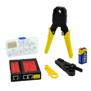 کیت ابزار شبکه نویافا مدل NF-1206، شامل تستر کابل RJ11/RJ45، لختکن کابل، ابزار فشار ۳ در ۱ و لوازم جانبی برای نصب و عیبیابی کابلهای شبکه.